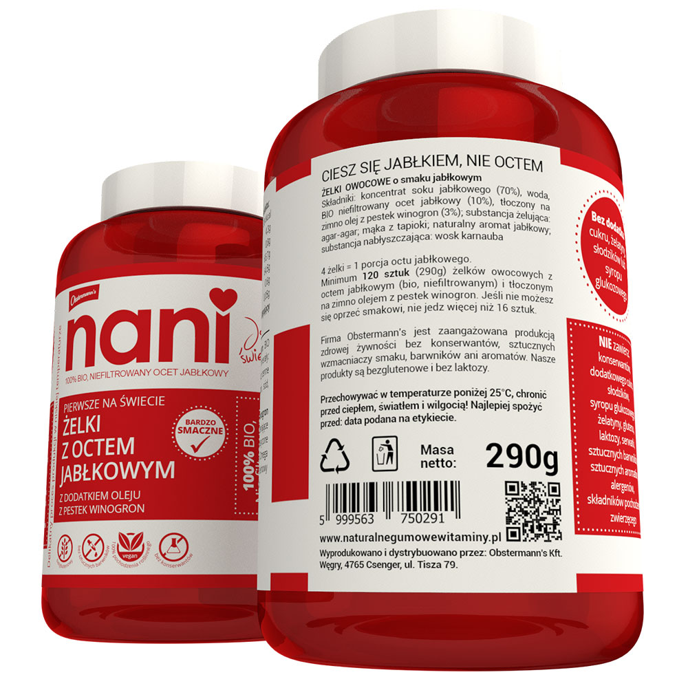 NANI żelki z octem jabłkowym 100% wegańskie, z bio, niefiltrowanego octu jabłkowego z „matką octu”, wyłącznie z naturalnych składników, Z PRAWDZYWYCH JABŁEK, bez dodatku cukru, słodzików, syropu glukozowego, konserwantów i sztucznych dodatków!