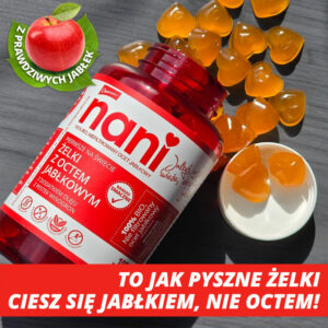 NANI żelki z octem jabłkowym 100% wegańskie, z bio, niefiltrowanego octu jabłkowego z „matką octu”, wyłącznie z naturalnych składników, Z PRAWDZYWYCH JABŁEK, bez dodatku cukru, słodzików, syropu glukozowego, konserwantów i sztucznych dodatków!